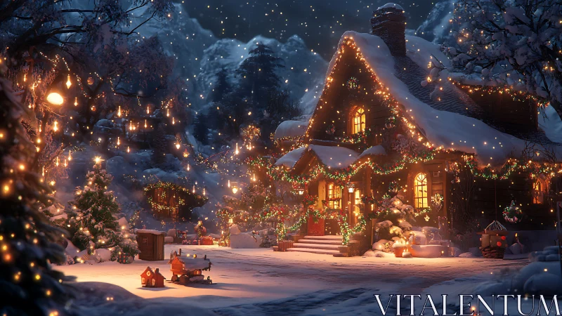 Snowlit cottage wrapped in twinkling Christmas wonder.