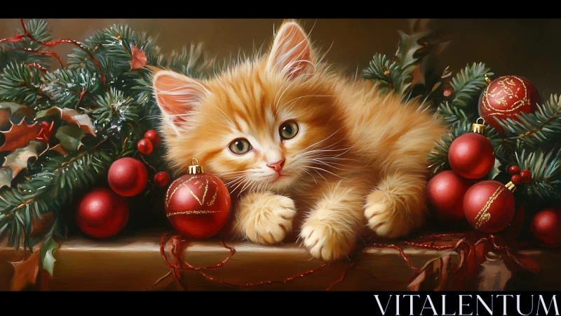 Ginger kitten nestled in dense Christmas garland with glossy ornaments