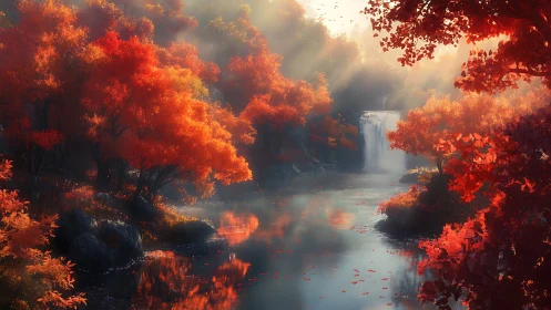 Crimson forest river beneath misty backlit waterfall glow.