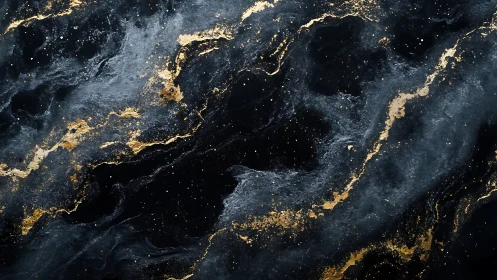 Black marble abstraction with flowing gold veining accents.