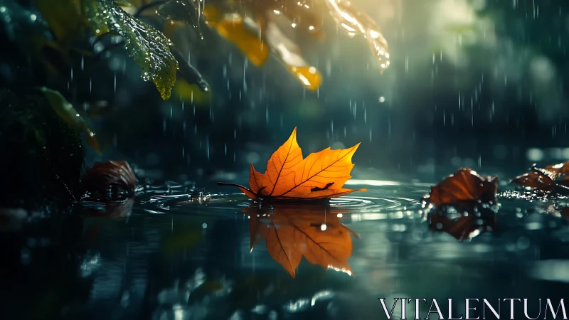Golden autumn leaf drifting gently through soft rain.