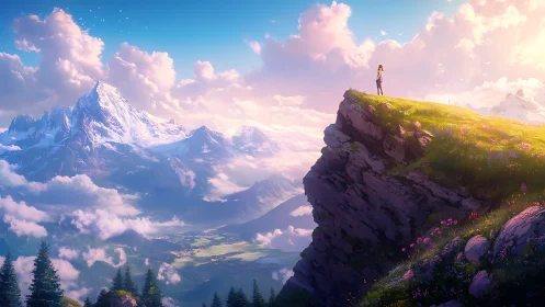 Solitary traveler contemplates majestic sunrise mountainscape.