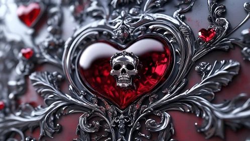 Baroque crimson heart with chrome skull centerpiece detail.
