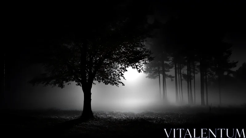 Single foreground tree frames backlit foggy forest scene