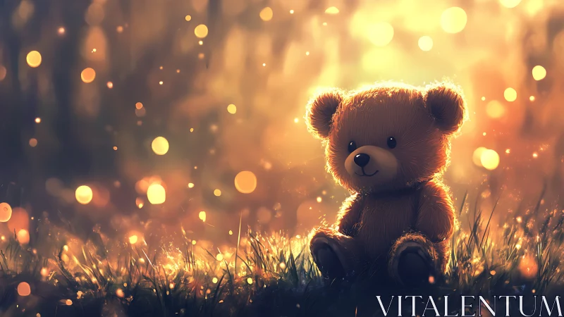 Soft teddy bear in warm glowing meadow at sunset.