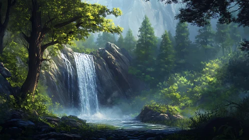 Waterfall Cascades Through Misty Forest Canyon