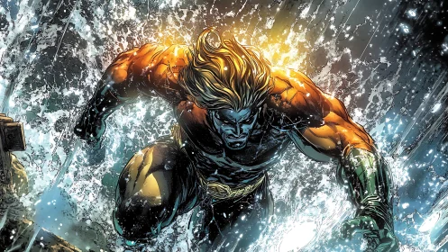 Powerful sea hero bursts from crashing ocean waves.