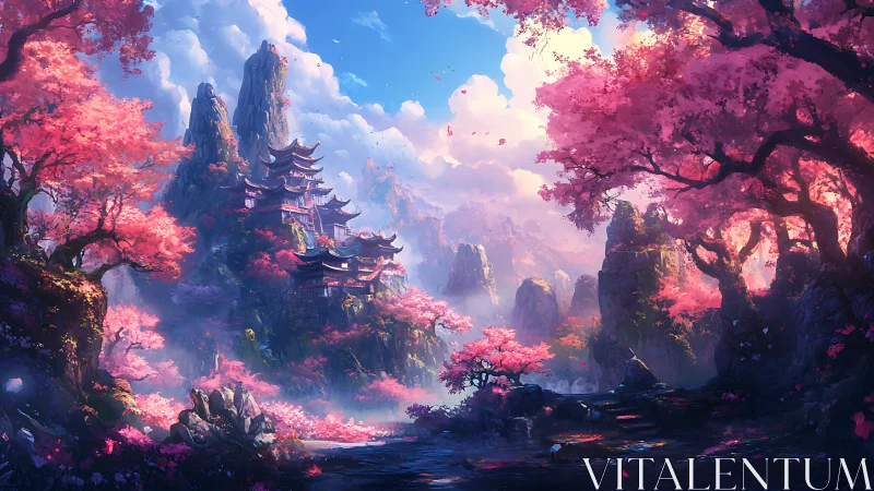 Fantasy mountain temples framed by luminous cherry blossom forests