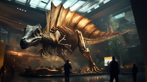 Skeletal sailback strides through a cathedral of fossil light