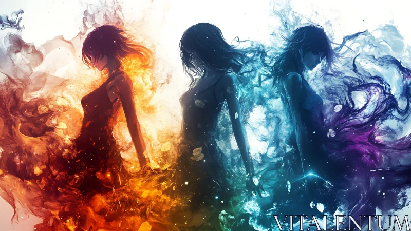 Elemental sisters ignite worlds in swirling spectral flames.