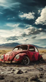 Rusting red beetle embedded in cracked desert plain.