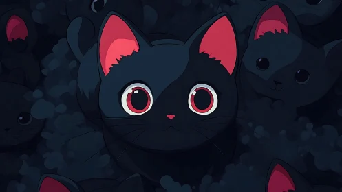 Black cat with glowing red eyes surrounded by darker feline silhouettes