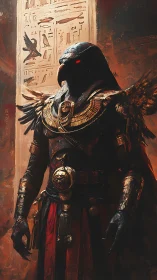 Anthropomorphic hawk warrior in ornate Egyptian armor.