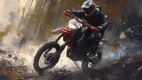 Off-road motorcyclist riding through wet urban debris.