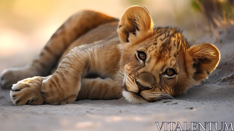 Young lion cub resting on sunlit sandy ground.