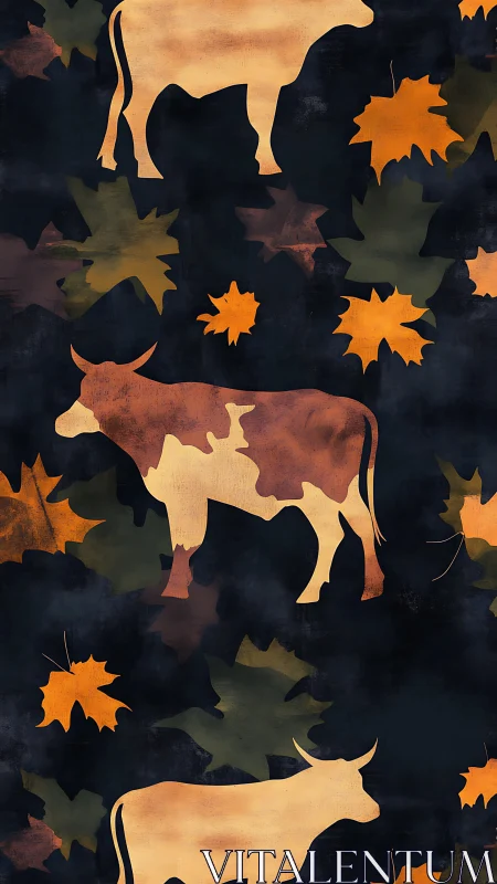 Cows and autumn leaves pattern on dark textured background.