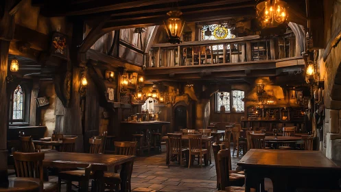 Medieval style tavern interior shows empty wooden seating