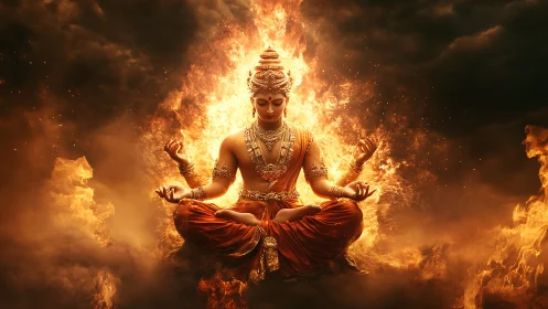 Fiery meditative deity figure seated in blazing orange flames.