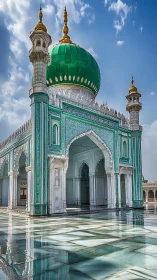 Green-domed Islamic shrine stands over reflective marble courtyard
