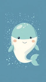 Smiling cartoon whale floats against soft blue backdrop