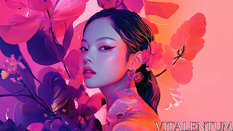 Digital portrait of woman amid stylized floral elements