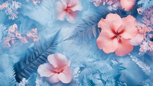 Frosted Petals Dancing: Pink Blooms in Crystalline Blue Dreams