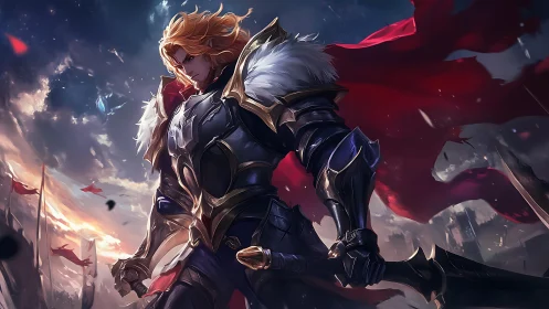 Golden-haired knight beneath stormy victory skies.