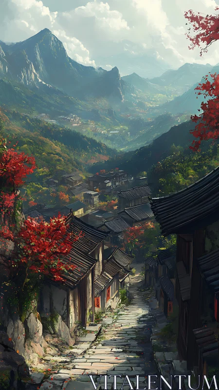 Steep stone alley leads through autumnal village to misty valley