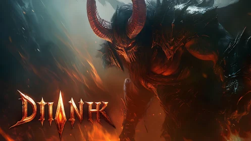 Horned fire demon strides through swirling infernal smoke