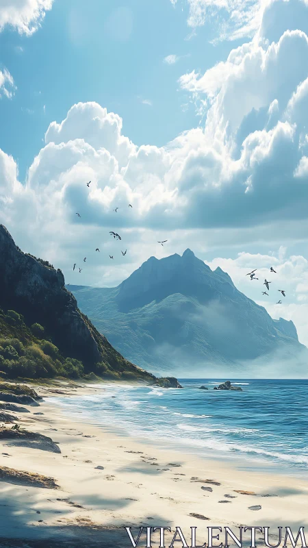 Mountainous Coastal Landscape with Dramatic Cloud Formation and Seabirds.