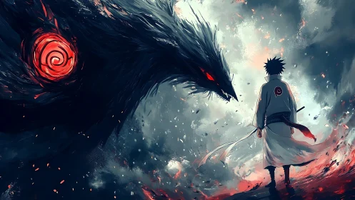 Dynamic anime confrontation with shadow dragon entity focus.