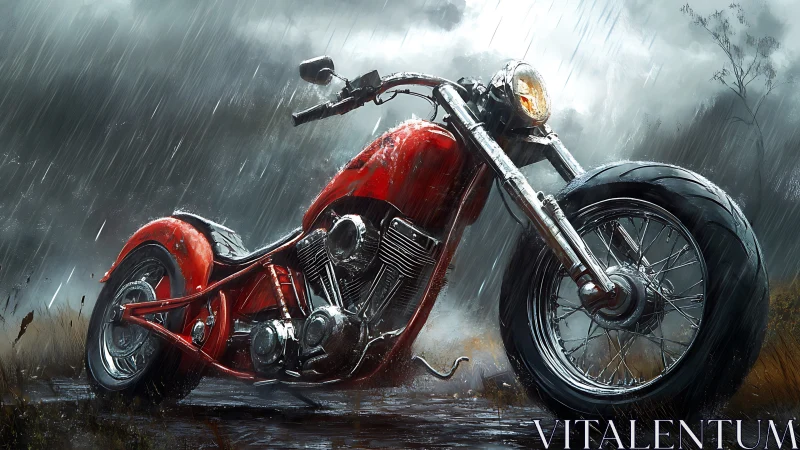 Red custom chopper stands bold in a stormy rain-soaked landscape