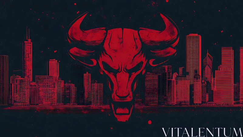 Red stylized bull head over dark city skyline at night.