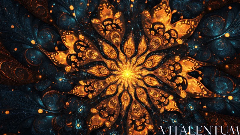 Fractal flower pattern radiates bright golden light from center