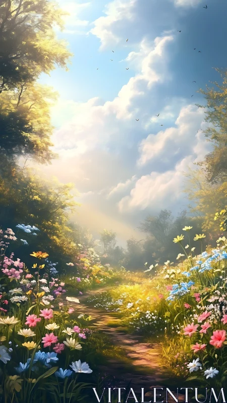 Sunlit wildflower forest path under volumetric spring sky