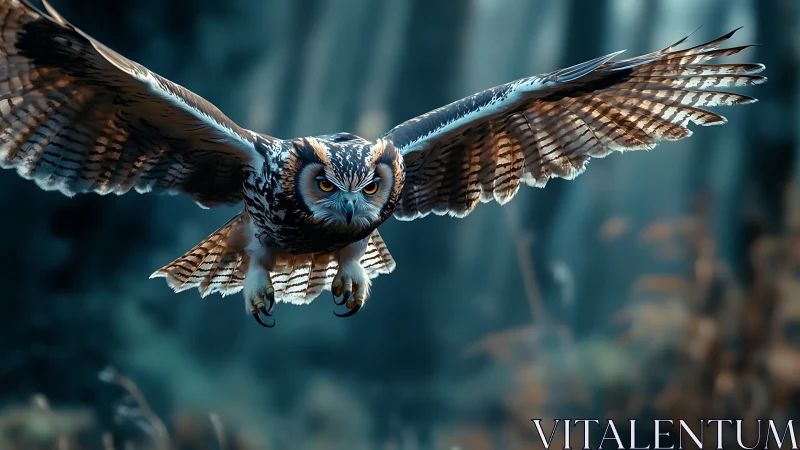 Majestic owl in flight through misty forest, cinematic style.