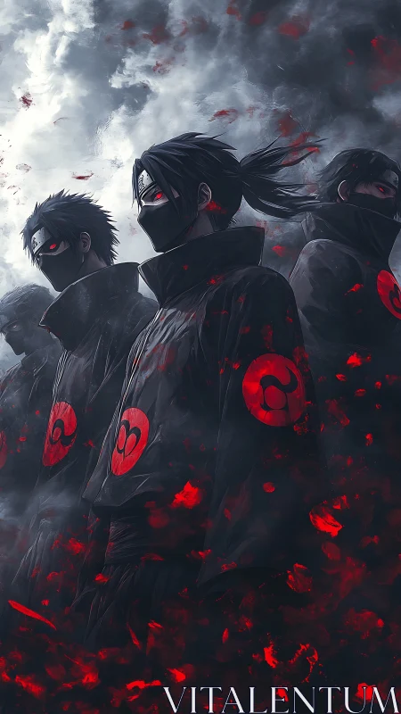 Digital anime squad in storm-lit red-accented cloaks composition.