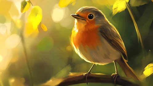 Vibrant digital painting of a robin in golden sunlight on a branch.