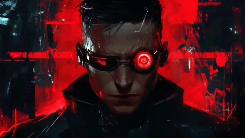 Cybernetic operative portrait with red HUD monocle interface