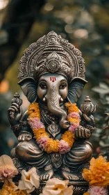 Polychromatic metal Ganesha murti with floral garland focus.
