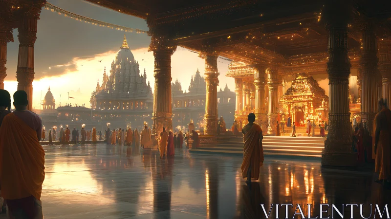 Golden temple interior with monks and distant domed complex.
