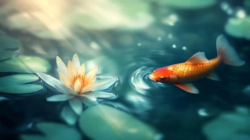 Golden koi circling lotus bloom in soft ethereal pond light.