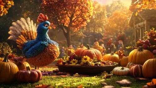 Curious cartoon turkey admires a glowing autumn harvest table