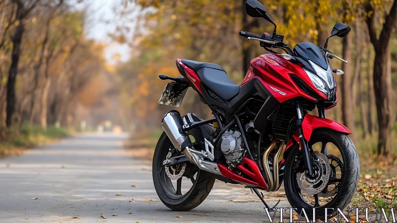 Red street motorcycle on empty forest road in autumn.