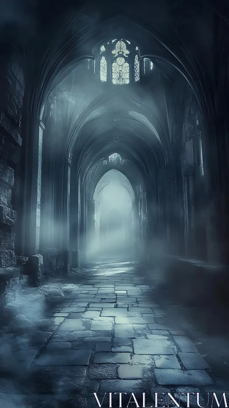 Moonlit gothic corridor holds misty ruin in silence