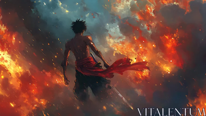 Sword-bearing wanderer strolls through a storm of burning sky