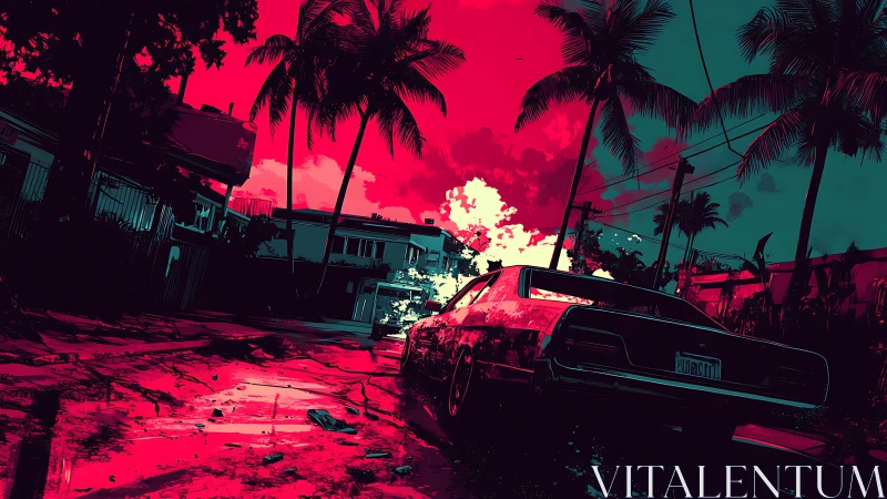 Muscle car on wet suburban street under red neon sky