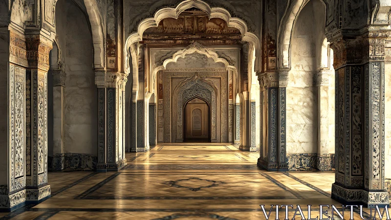 Sunlit arches of a quiet palace corridor in soft gold tones.
