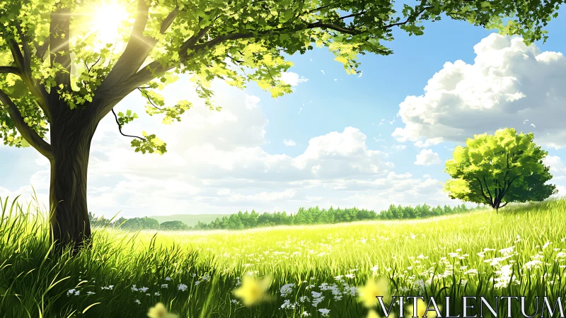 Sunlit green meadow with trees under bright summer sky.