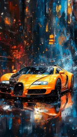 Orange supercar in abstract wet cityscape at night scene.